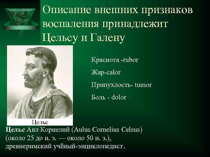  Описание внешних признаков воспаления принадлежит Цельсу и Галену Ú Краснота -rubor Жар-calor Припухлость-