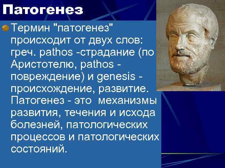 Патогенез Термин "патогенез" происходит от двух слов: греч. pathos -страдание (по Аристотелю, pathos -