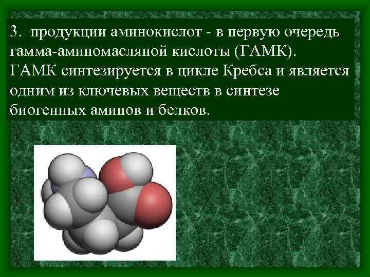 3. продукции аминокислот в первую очередь гамма аминомасляной кислоты (ГАМК). ГАМК синтезируется в цикле