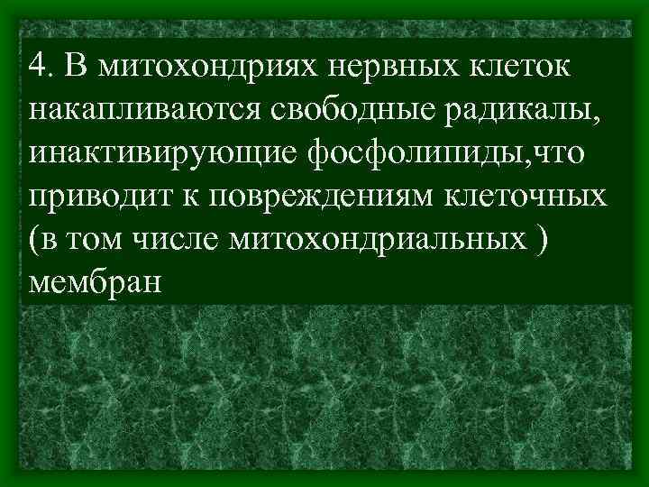 4. В митохондриях нервных клеток накапливаются свободные радикалы, инактивирующие фосфолипиды, что приводит к повреждениям