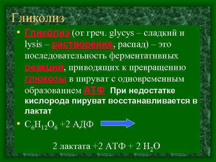 Гликолиз • Гликолиз (от греч. glycys – сладкий и lysis – растворение, распад) –