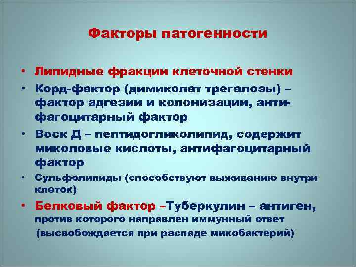 Факторы патогенности • Липидные фракции клеточной стенки • Корд-фактор (димиколат трегалозы) – фактор адгезии