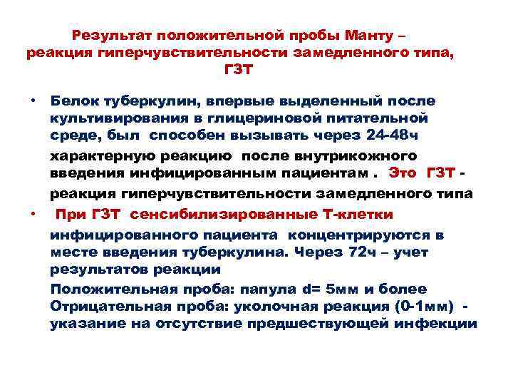 Результат положительной пробы Манту – реакция гиперчувствительности замедленного типа, ГЗТ • Белок туберкулин, впервые