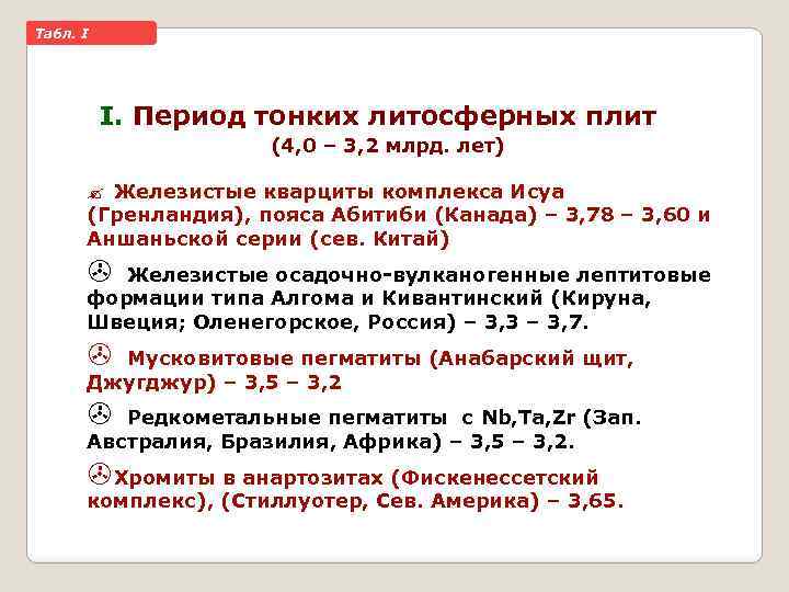 Taбл. I I. Период тонких литосферных плит (4, 0 – 3, 2 млрд. лет)