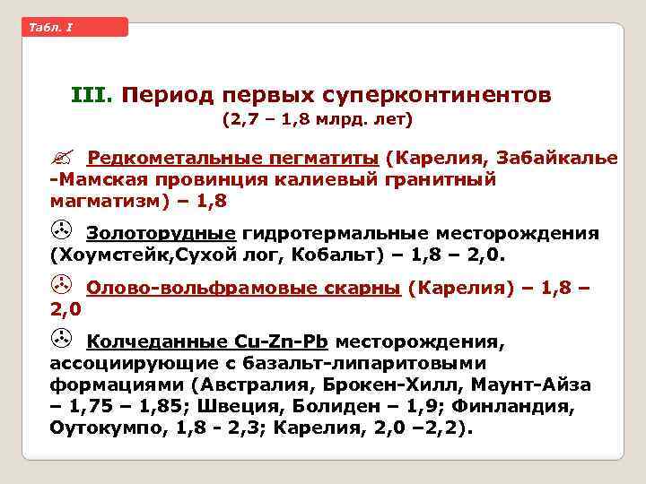Taбл. I III. Период первых суперконтинентов (2, 7 – 1, 8 млрд. лет) Редкометальные