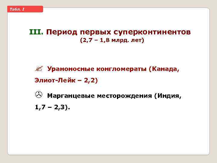 Taбл. I III. Период первых суперконтинентов (2, 7 – 1, 8 млрд. лет) Ураноносные