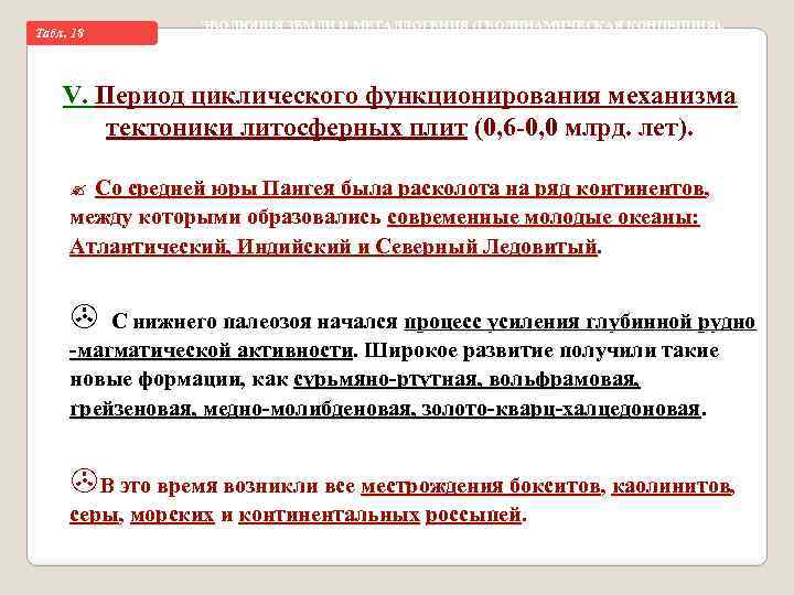 Taбл. 18 ЭВОЛЮЦИЯ ЗЕМЛИ И МЕТАЛЛОГЕНИЯ (ГЕОДИНАМИЧЕСКАЯ КОНЦЕПЦИЯ). V. Период циклического функционирования механизма тектоники