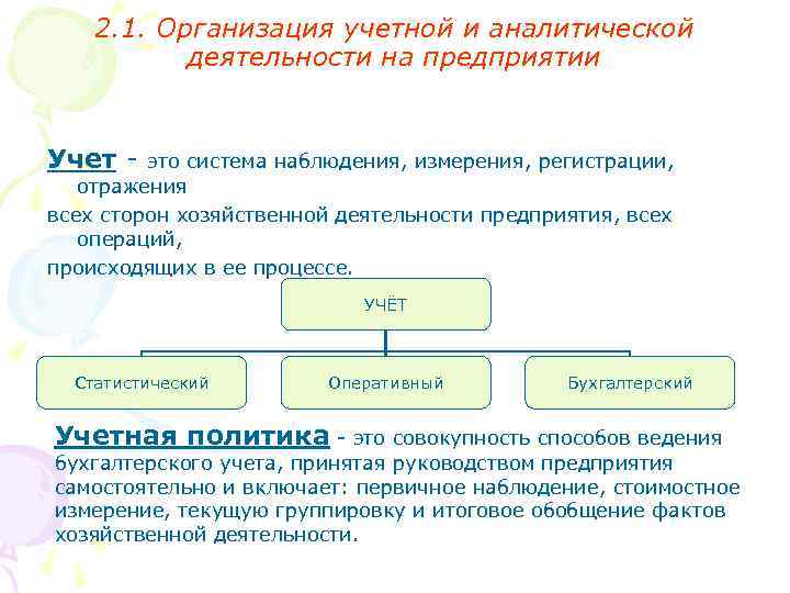 2. 1. Организация учетной и аналитической деятельности на предприятии Учет это система наблюдения, измерения,