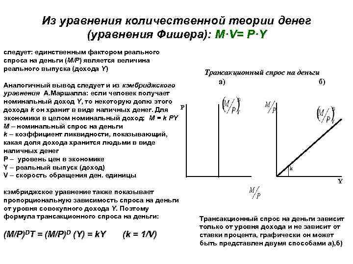 Из уравнения количественной теории денег (уравнения Фишера): M·V= P·Y следует: единственным фактором реального спроса