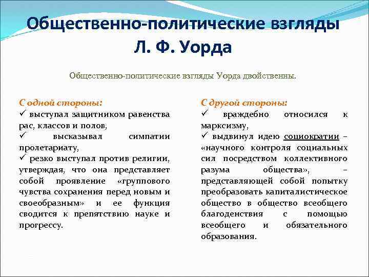 Общественно-политические взгляды Л. Ф. Уорда Общественно-политические взгляды Уорда двойственны. С одной стороны: ü выступал