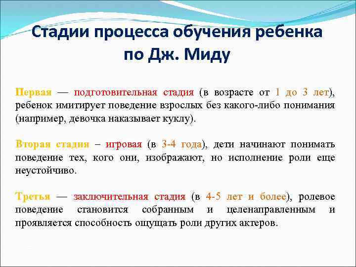 Стадии процесса обучения ребенка по Дж. Миду Первая — подготовительная стадия (в возрасте от