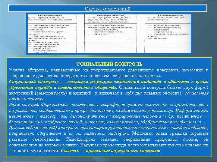  Оценка отклонений СОЦИАЛЬНЫЙ КОНТРОЛЬ Усилия общества, направленные на предотвращение девиантного поведения, наказание и