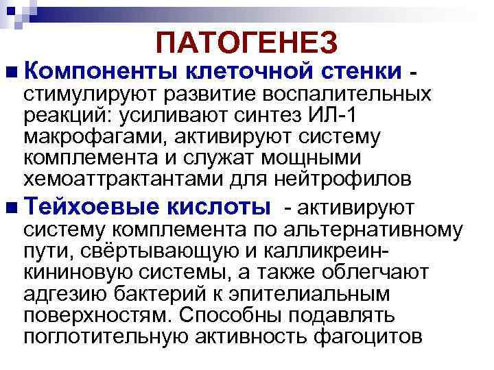 ПАТОГЕНЕЗ Компоненты клеточной стенки - стимулируют развитие воспалительных реакций: усиливают синтез ИЛ-1 макрофагами, активируют