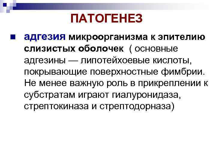 ПАТОГЕНЕЗ адгезия микроорганизма к эпителию слизистых оболочек ( основные адгезины — липотейхоевые кислоты, покрывающие