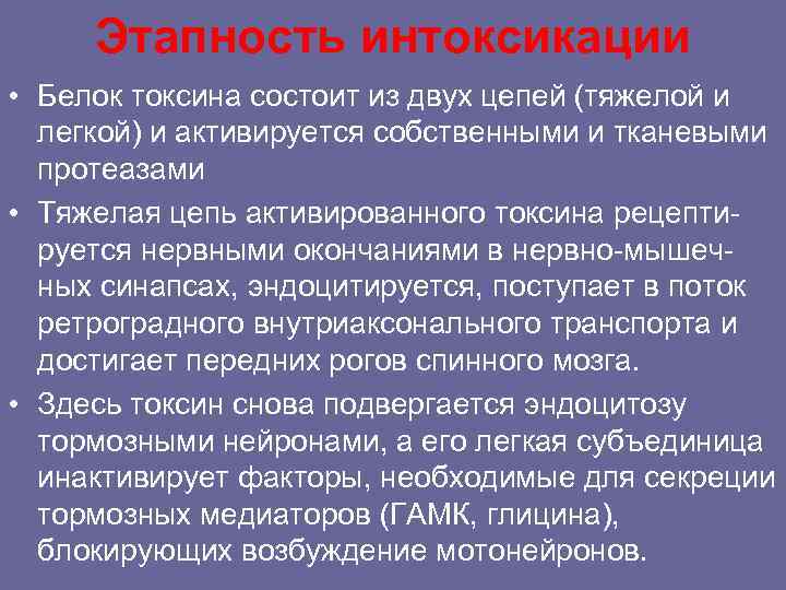 Этапность интоксикации • Белок токсина состоит из двух цепей (тяжелой и легкой) и активируется