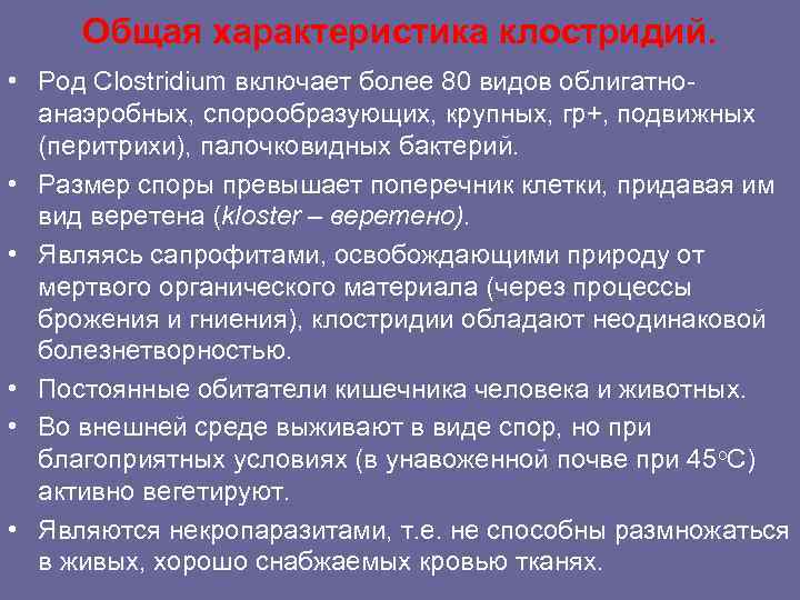 Общая характеристика клостридий. • Род Clostridium включает более 80 видов облигатноанаэробных, спорообразующих, крупных, гр+,