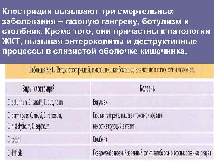 Клостридии вызывают три смертельных заболевания – газовую гангрену, ботулизм и столбняк. Кроме того, они