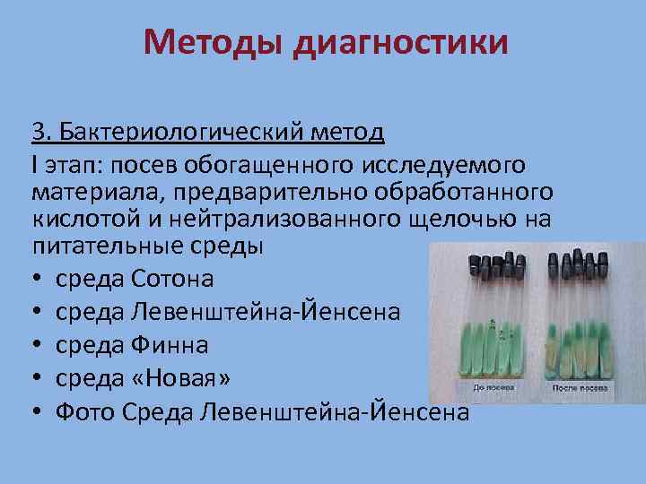 Методы диагностики 3. Бактериологический метод I этап: посев обогащенного исследуемого материала, предварительно обработанного кислотой