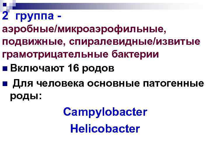 2 группа аэробные/микроаэрофильные, подвижные, спиралевидные/извитые грамотрицательные бактерии n Включают 16 родов n Для человека