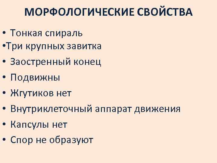 МОРФОЛОГИЧЕСКИЕ СВОЙСТВА • Тонкая спираль • Три крупных завитка • Заостренный конец • Подвижны