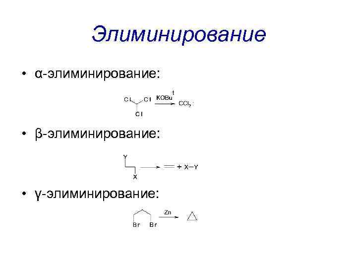Элиминирование • α-элиминирование: • β-элиминирование: • γ-элиминирование: 