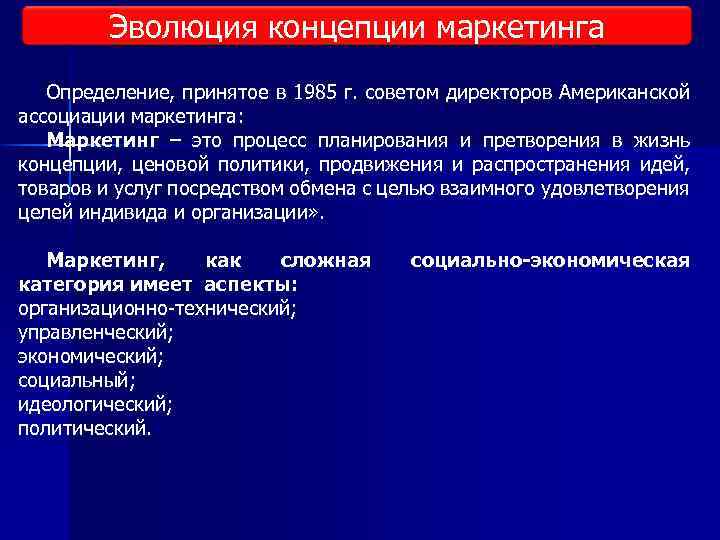 Эволюция концепции маркетинга Определение, принятое в 1985 г. советом директоров Американской ассоциации маркетинга: Маркетинг