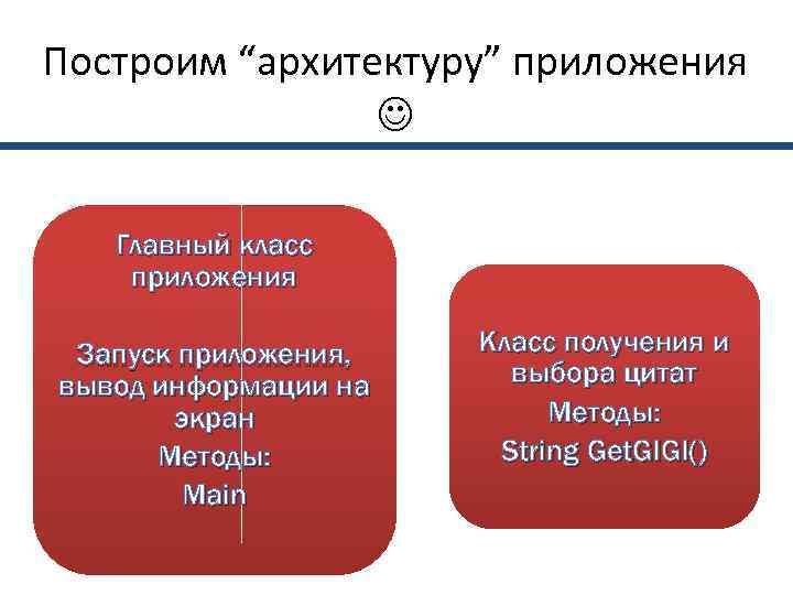 Построим “архитектуру” приложения    Главный класс приложения  Запуск приложения,  Класс