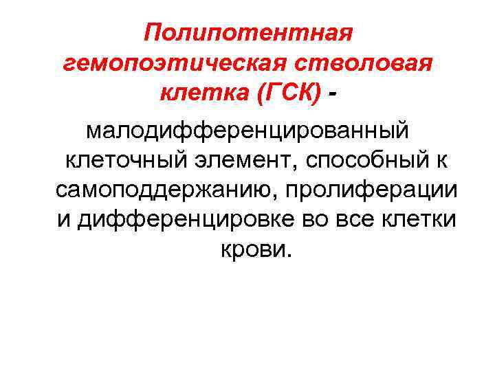 Полипотентная гемопоэтическая стволовая клетка (ГСК) малодифференцированный клеточный элемент, способный к самоподдержанию, пролиферации и дифференцировке