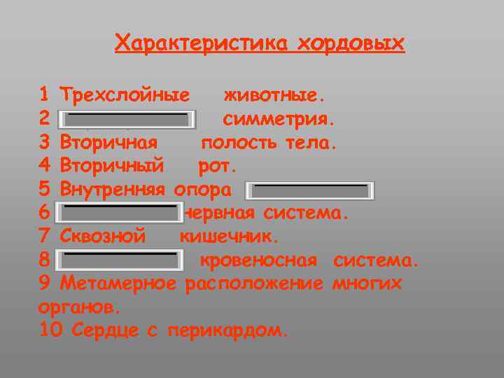 Характеристика хордовых 1 Трехслойные животные. 2 Двусторонняя симметрия. 3 Вторичная полость тела. 4 Вторичный
