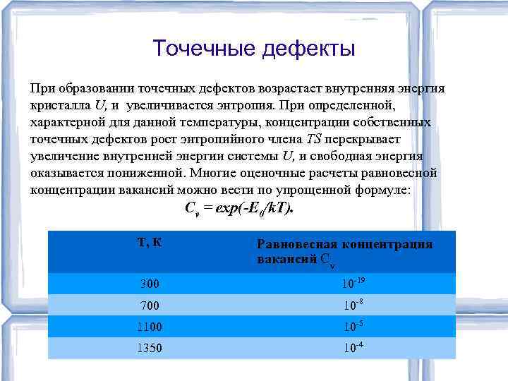 Точечные дефекты При образовании точечных дефектов возрастает внутренняя энергия кристалла U, и увеличивается энтропия.