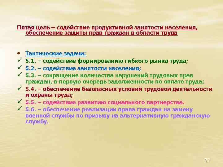 Пятая цель – содействие продуктивной занятости населения, обеспечение защиты прав граждан в области труда