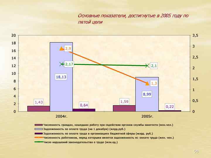 Основные показатели, достигнутые в 2005 году по пятой цели 56 