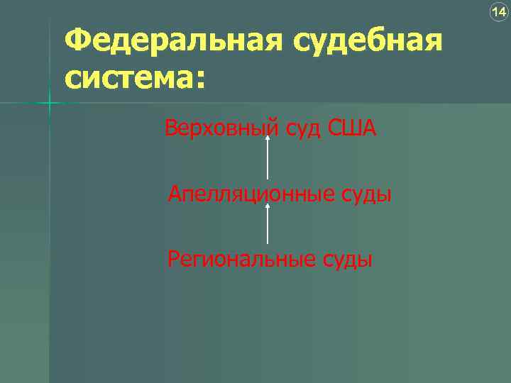 14 Федеральная судебная система: Верховный суд США Апелляционные суды Региональные суды 