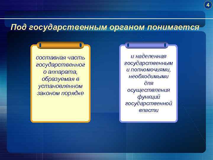 4 Под государственным органом понимается составная часть государственног о аппарата, образуемая в установленном законом