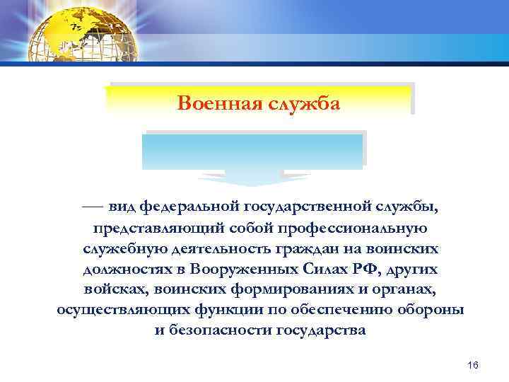 Военная служба — вид федеральной государственной службы, представляющий собой профессиональную служебную деятельность граждан на
