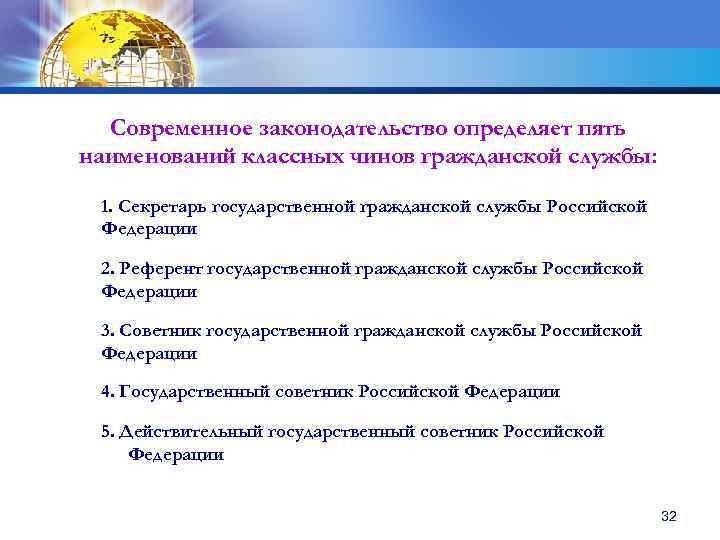 Современное законодательство определяет пять наименований классных чинов гражданской службы: 1. Секретарь государственной гражданской службы