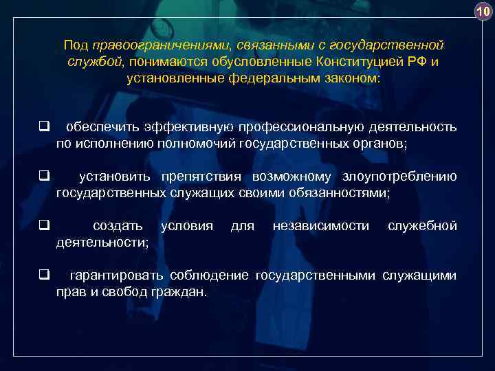 10 Под правоограничениями, связанными с государственной службой, понимаются обусловленные Конституцией РФ и установленные федеральным