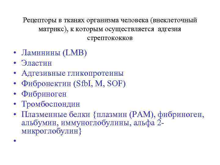 Рецепторы в тканях организма человека (внеклеточный матрикс), к которым осуществляется адгезия стрептококков • •