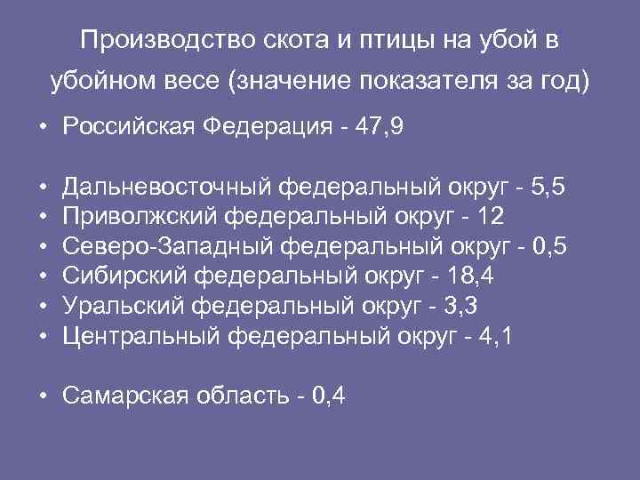 Производство скота и птицы на убой в убойном весе (значение показателя за год) •