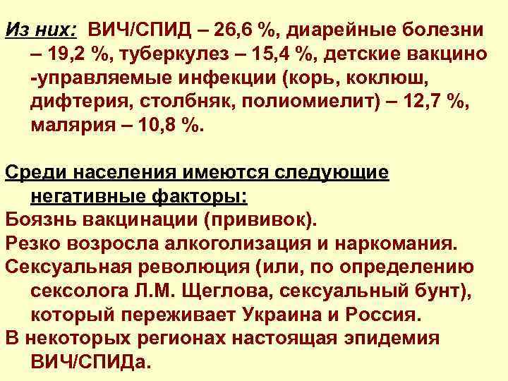 Из них: ВИЧ/СПИД – 26, 6 %, диарейные болезни – 19, 2 %, туберкулез