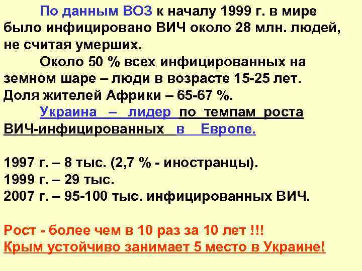 По данным ВОЗ к началу 1999 г. в мире было инфицировано ВИЧ около 28