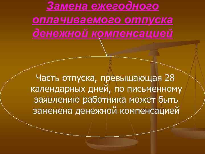Замена ежегодного оплачиваемого отпуска денежной компенсацией Часть отпуска, превышающая 28 календарных дней, по письменному