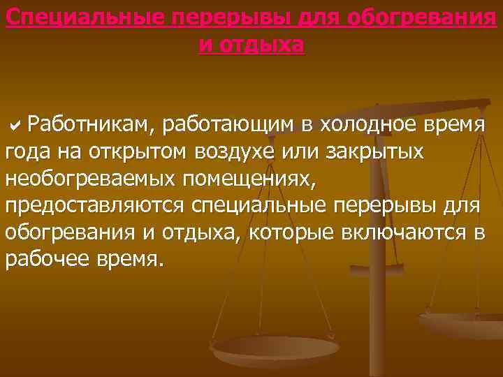 Специальные перерывы для обогревания и отдыха Работникам, работающим в холодное время года на открытом