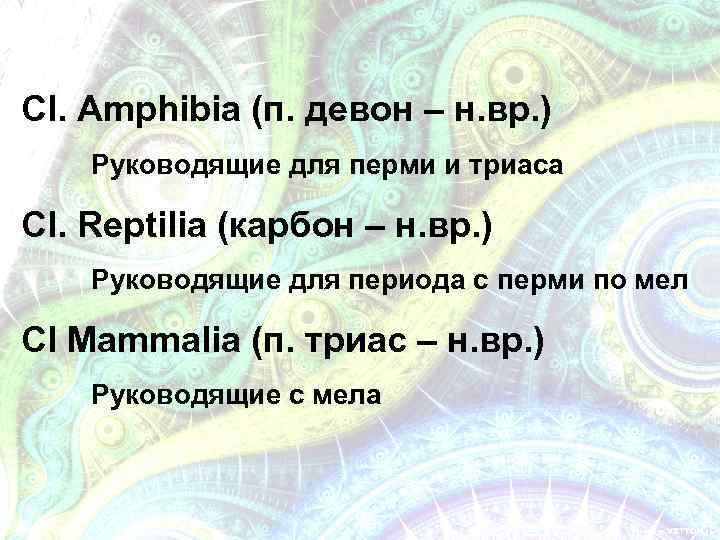 Cl. Amphibia (п. девон – н. вр. ) Руководящие для перми и триаса Cl.