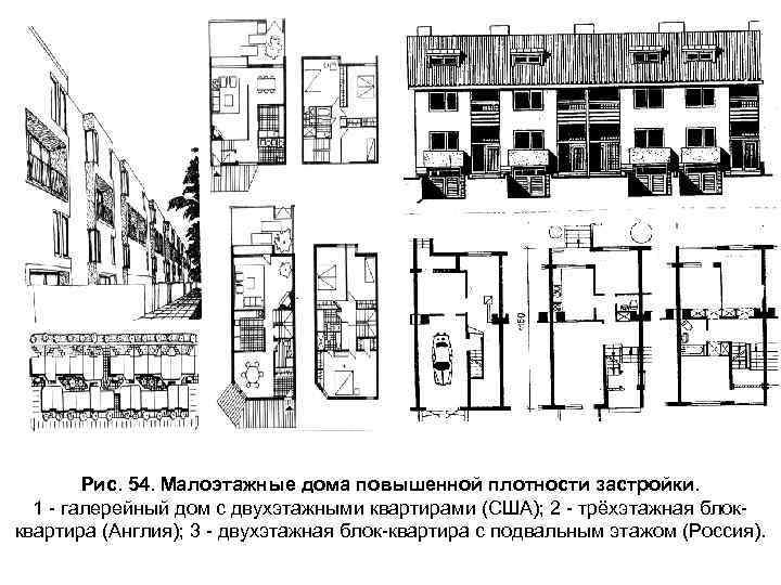 Рис. 54. Малоэтажные дома повышенной плотности застройки. 1 - галерейный дом с двухэтажными квартирами