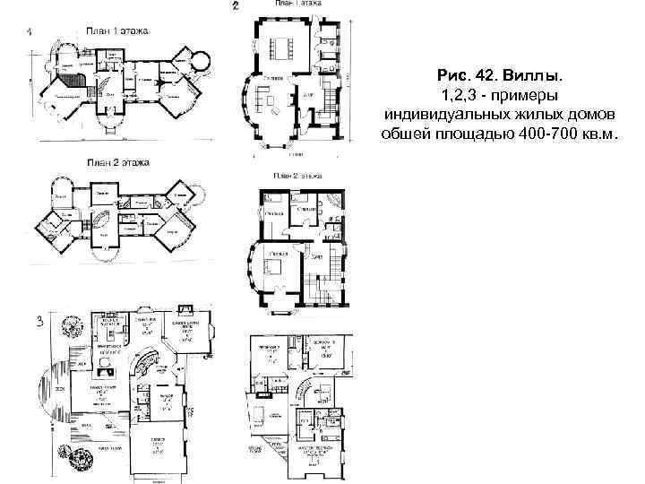 Рис. 42. Виллы. 1, 2, 3 - примеры индивидуальных жилых домов обшей площадью 400