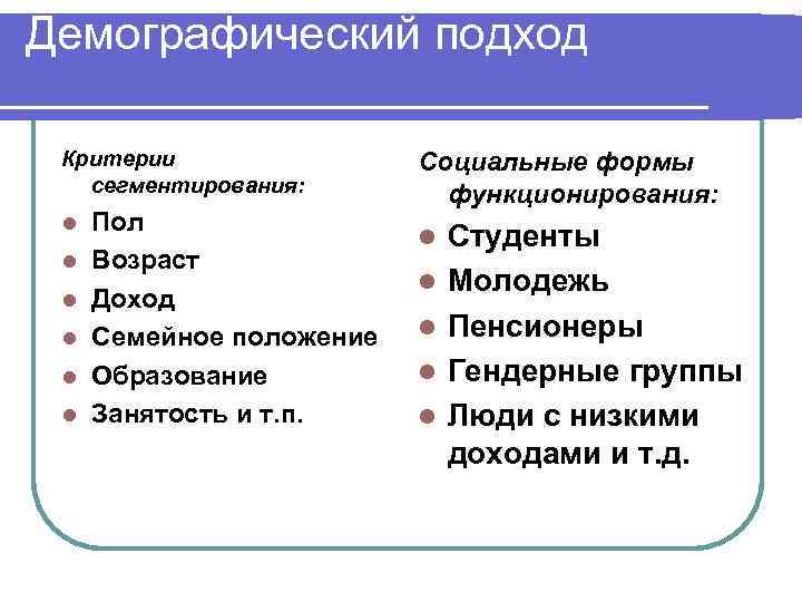 Демографический подход Критерии сегментирования: l l l Пол Возраст Доход Семейное положение Образование Занятость