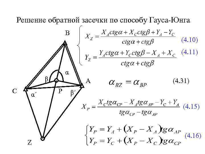 Решение обратной засечки по способу Гауса-Юнга В (4. 10) (4. 11) α β С