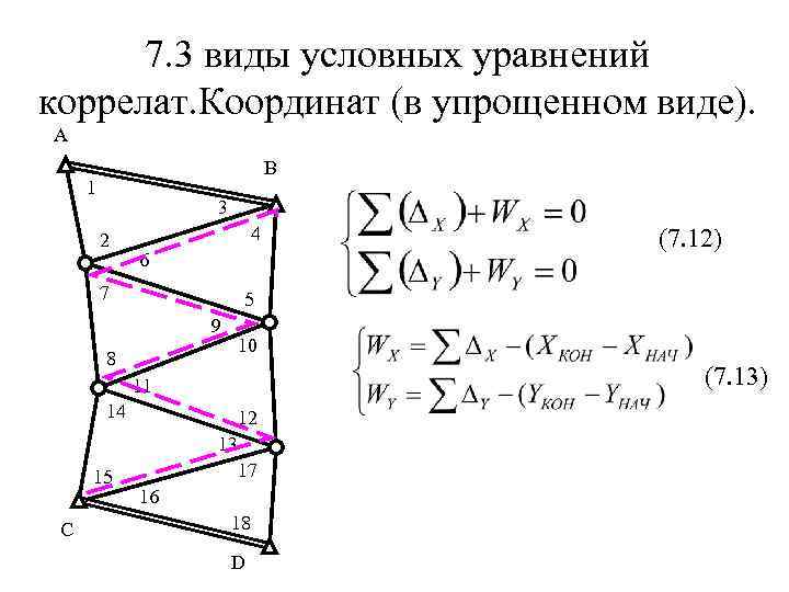 7. 3 виды условных уравнений коррелат. Координат (в упрощенном виде). А В 1 3