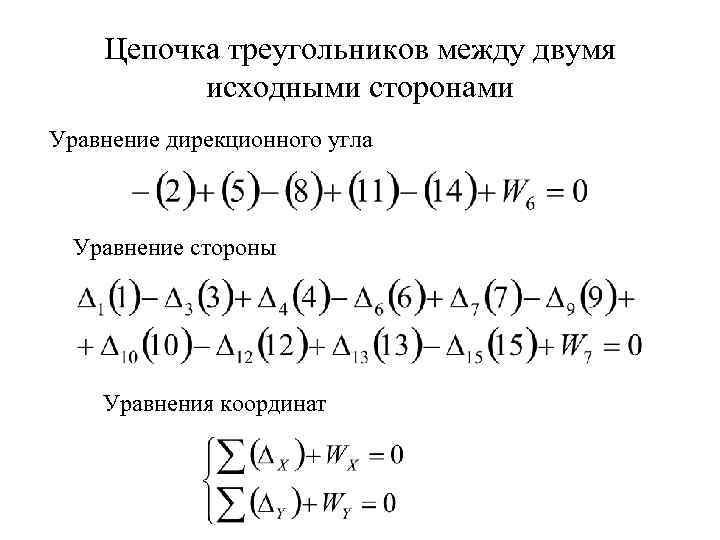 Цепочка треугольников между двумя исходными сторонами Уравнение дирекционного угла Уравнение стороны Уравнения координат 